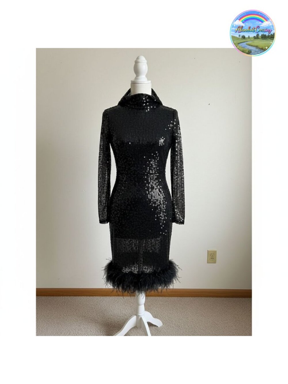 Sequins Patchwork Bodycon Maxi Dress Long Sleeve Plume High Neck